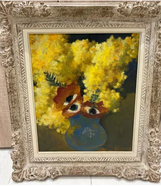 Huile sur toile, bouquet de mimosas